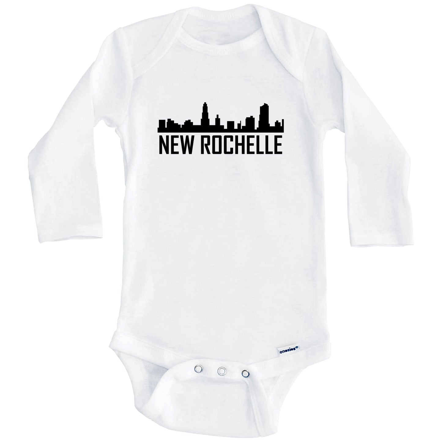 New Rochelle New York Skyline Silhouette Baby Onesie (Long Sleeves)