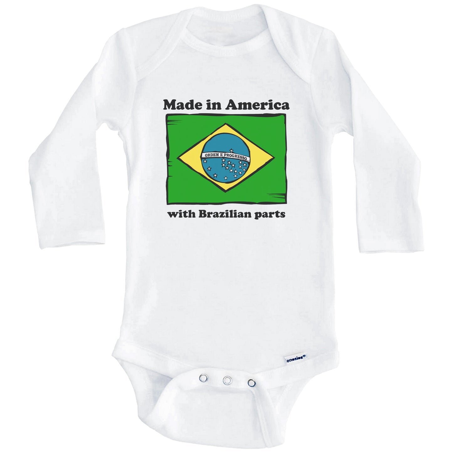 Made In America With Brazilian Parts Funny Brazil Flag Baby Onesie (Long Sleeves)