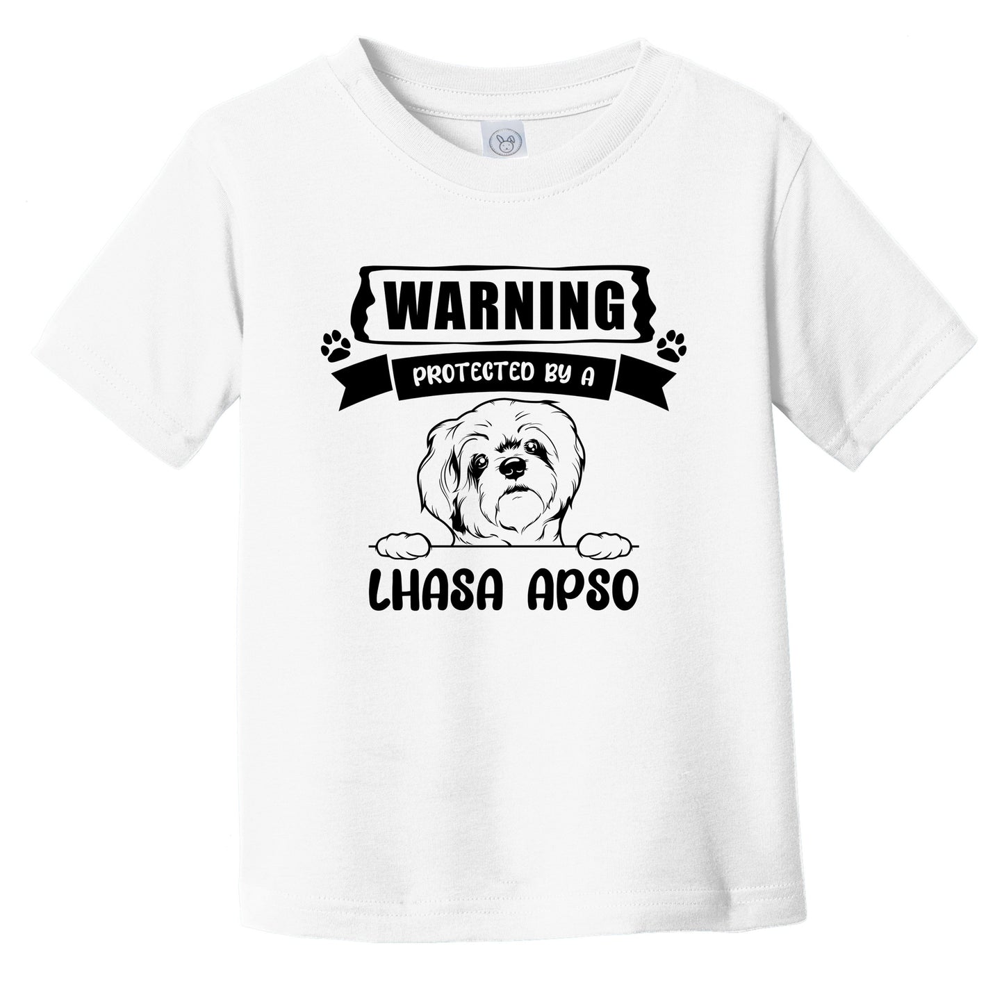 Warning Protected By A Lhasa Apso Funny Cute Dog Breed Infant Toddler T-Shirt