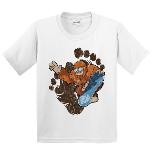 Kids Bigfoot Snowboarding Shirt - Sasquatch Riding Snowboard Youth T-Shirt