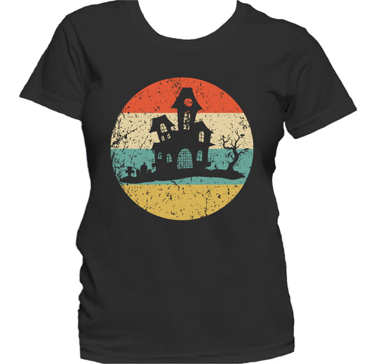 Halloween Spooky Scary Haunted House Silhouette Creepy Retro Women's T-Shirt