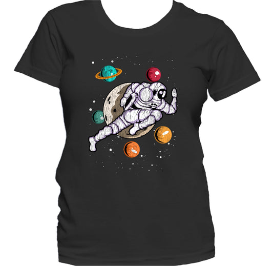 Running Astronaut Outer Space Spaceman Distressed Women's T-Shirt