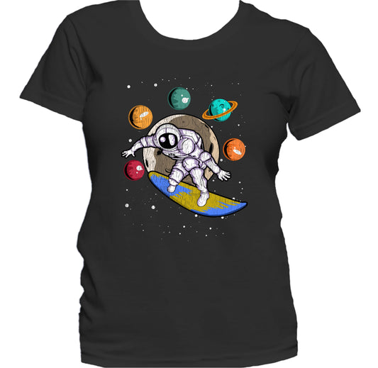 Surfing Astronaut Outer Space Spaceman Distressed Women's T-Shirt