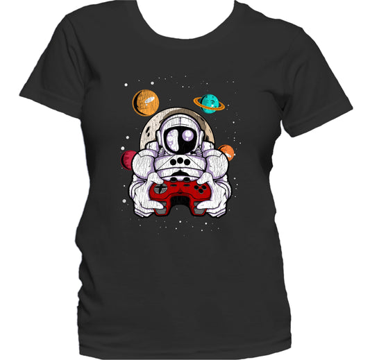 Gamer Astronaut Outer Space Spaceman Video Games Distressed Women's T-Shirt