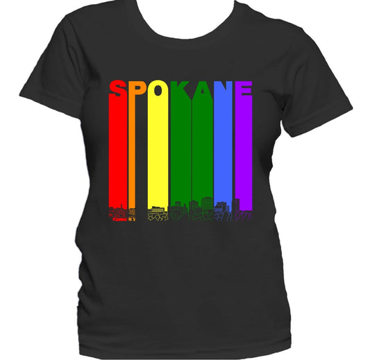 Spokane Washington Skyline Rainbow LGBTQ Gay Pride Women's T-Shirt