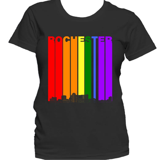 Rochester Minnesota Skyline Rainbow LGBTQ Gay Pride Women's T-Shirt