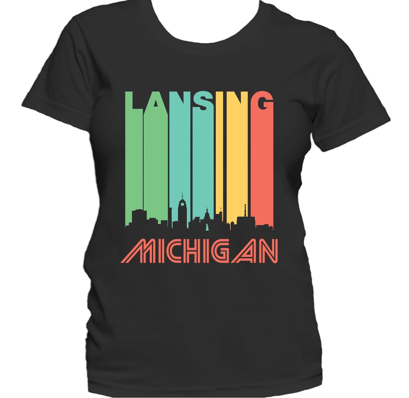 Retro 1970's Style Lansing Michigan Downtown Skyline Women's T-Shirt