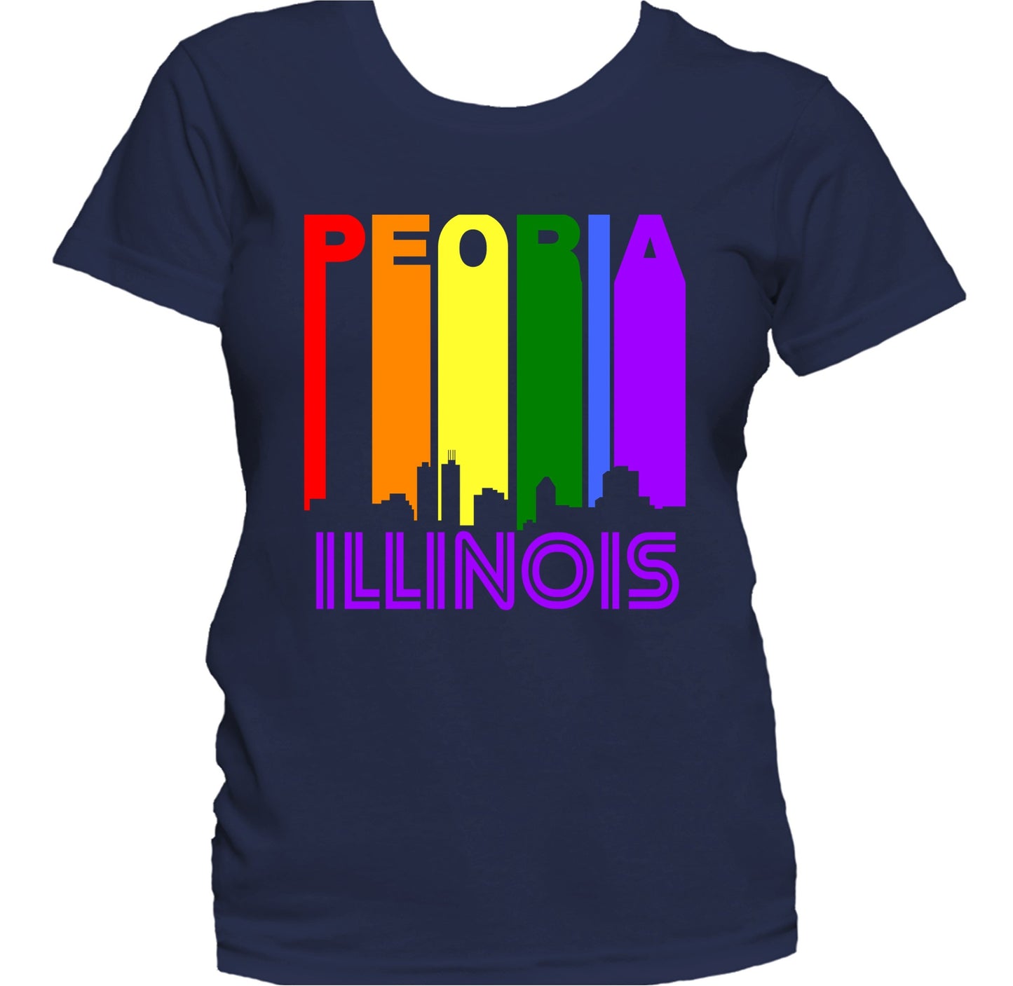 Peoria Illinois LGBTQ Gay Pride Rainbow Skyline Women's T-Shirt