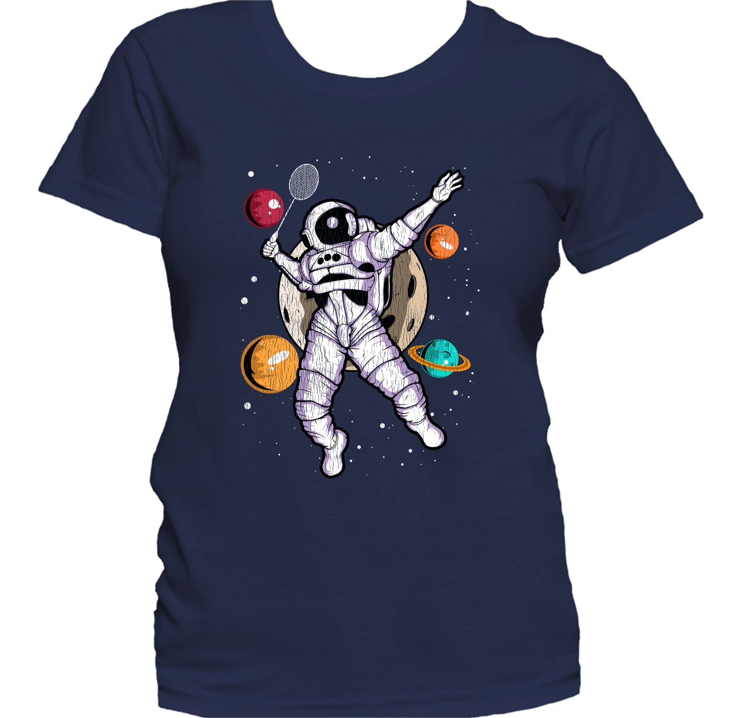 Badminton Astronaut Outer Space Spaceman Distressed Women's T-Shirt