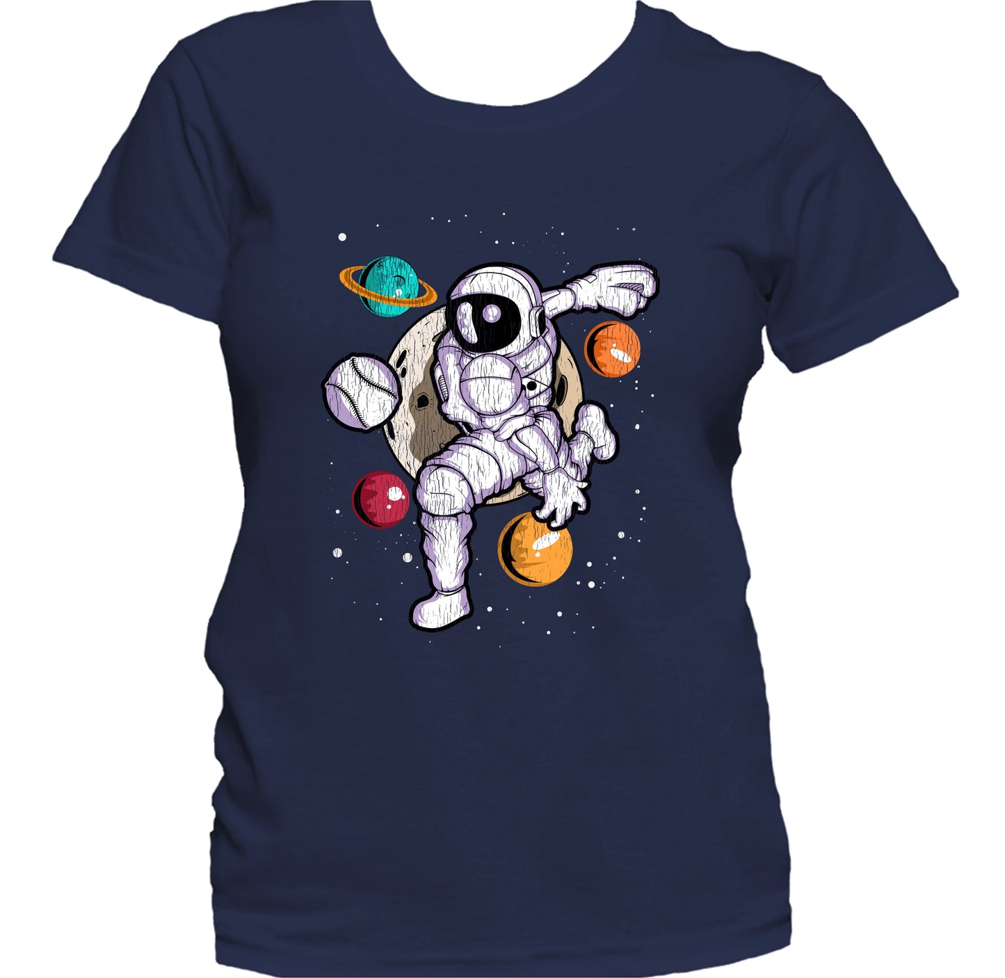 Baseball Pitcher Astronaut Outer Space Spaceman Distressed Women's T-Shirt