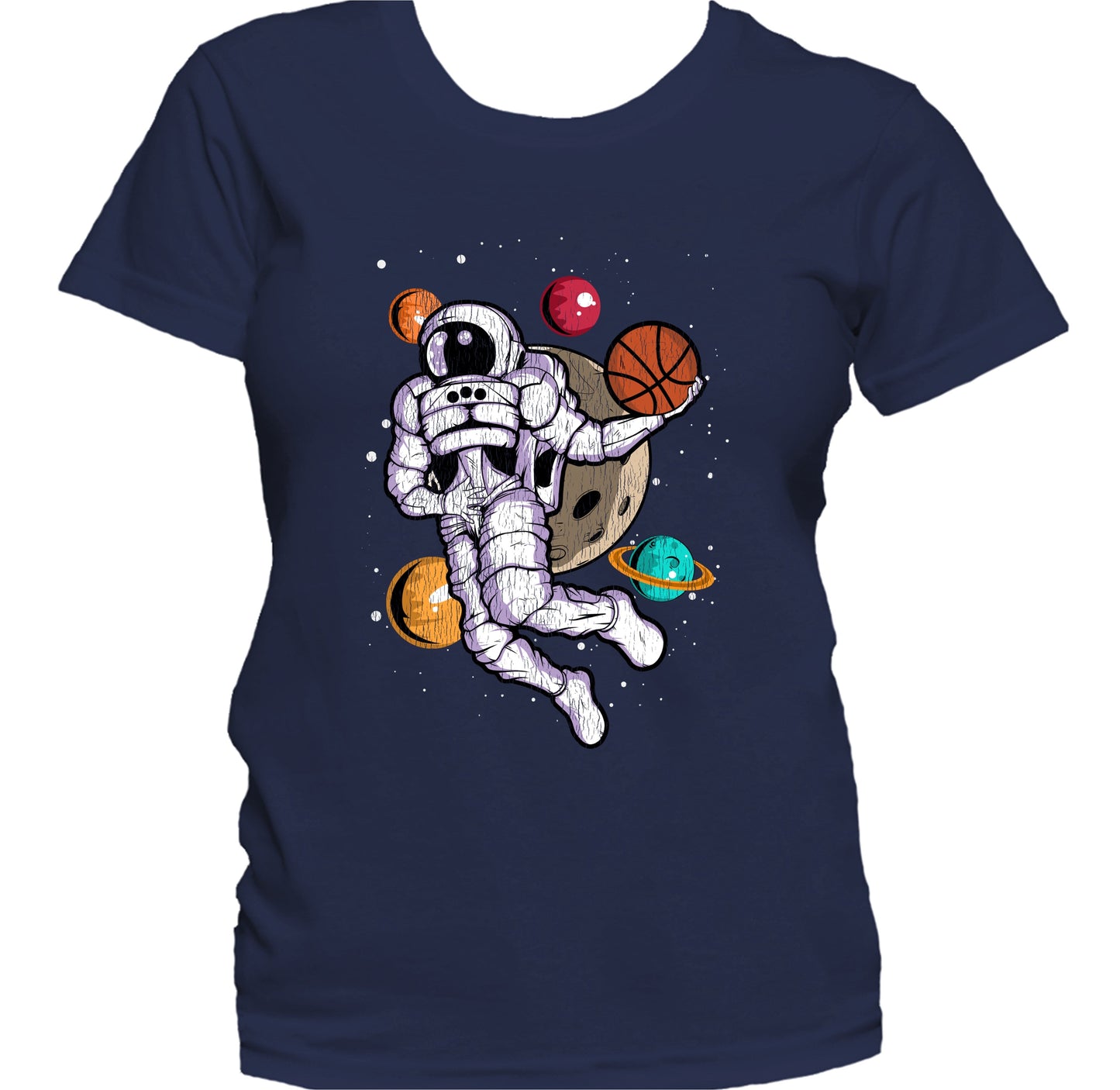 Basketball Dunk Astronaut Outer Space Spaceman Distressed Women's T-Shirt