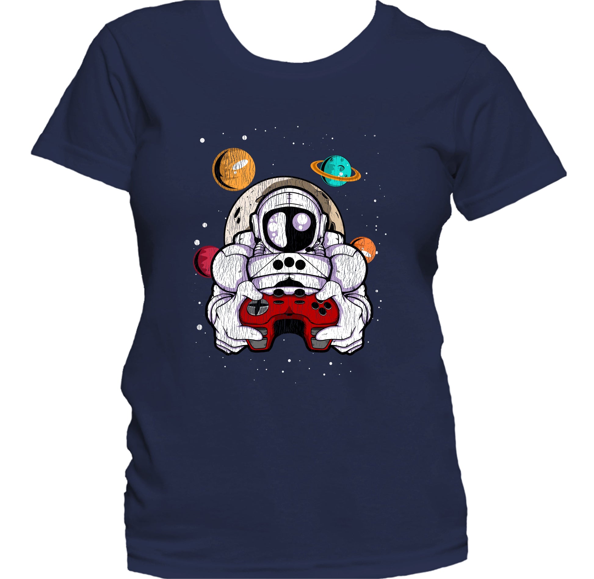 Gamer Astronaut Outer Space Spaceman Video Games Distressed Women's T-Shirt