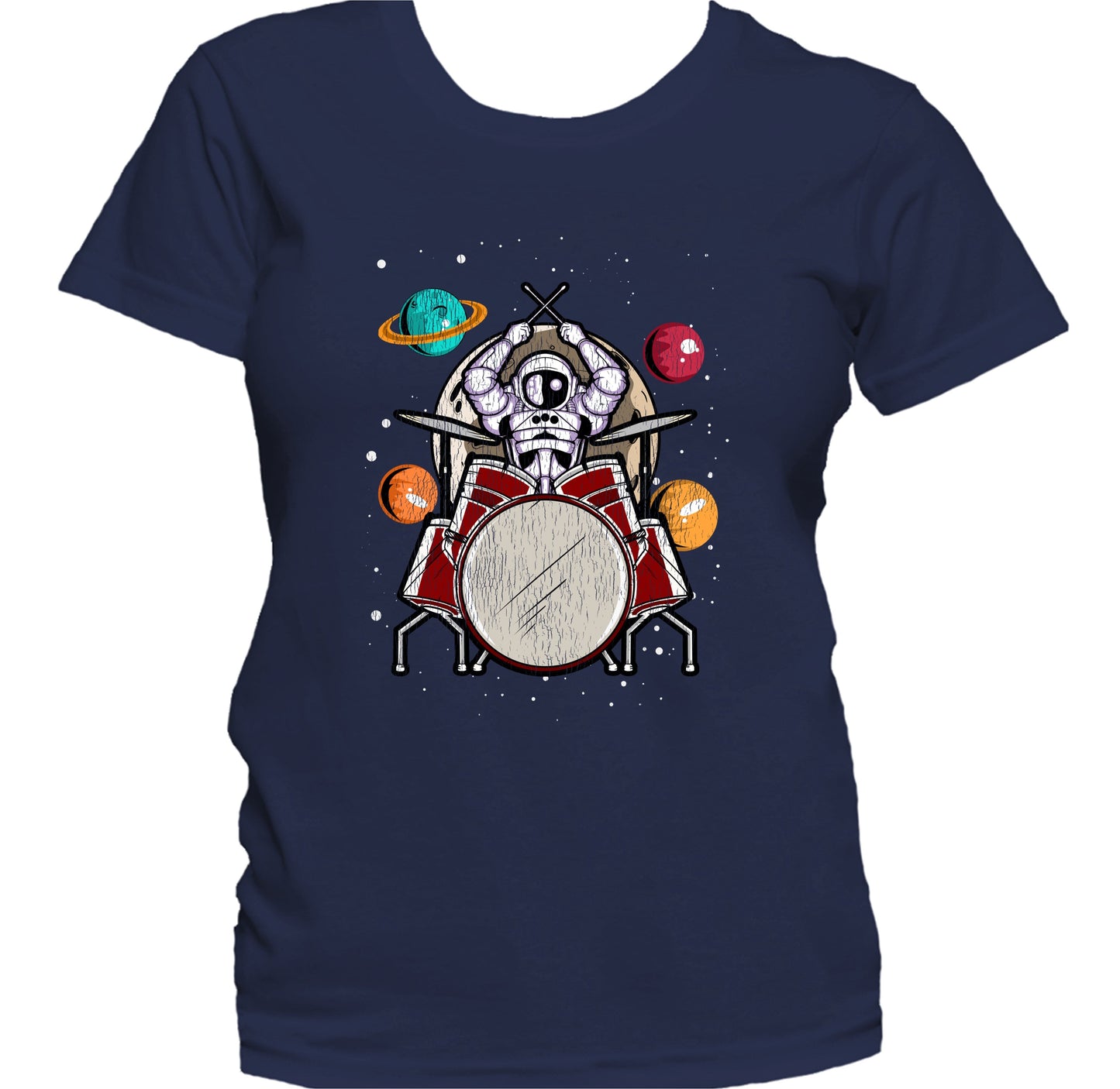 Drummer Astronaut Outer Space Spaceman Drums Distressed Women's T-Shirt