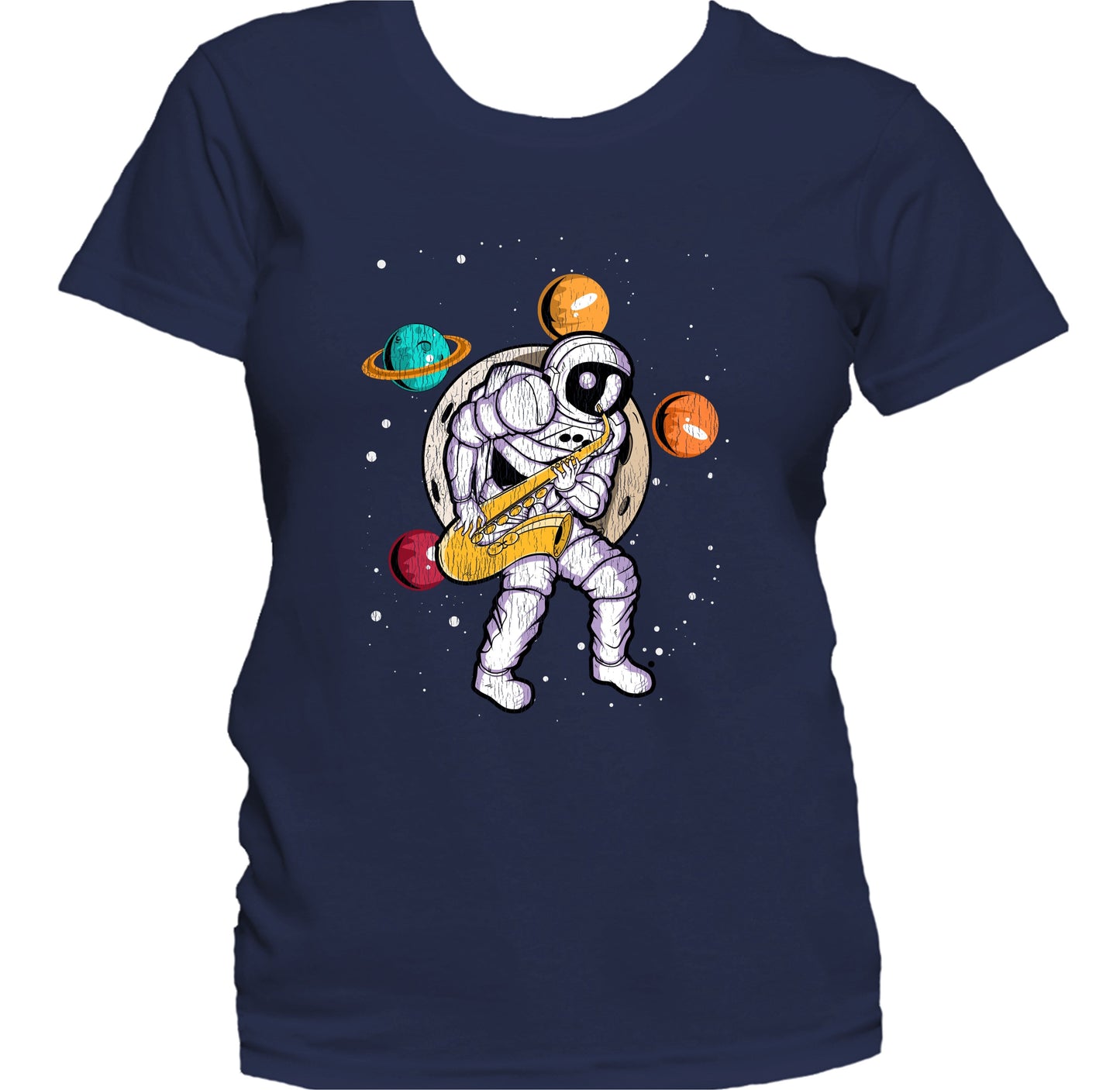 Sax Player Astronaut Outer Space Spaceman Saxophone Distressed Women's T-Shirt