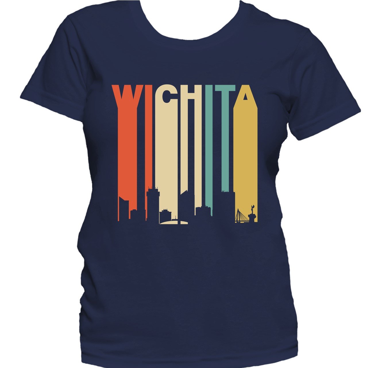 Retro 1970's Style Wichita Kansas Cityscape Downtown Skyline Women's T-Shirt