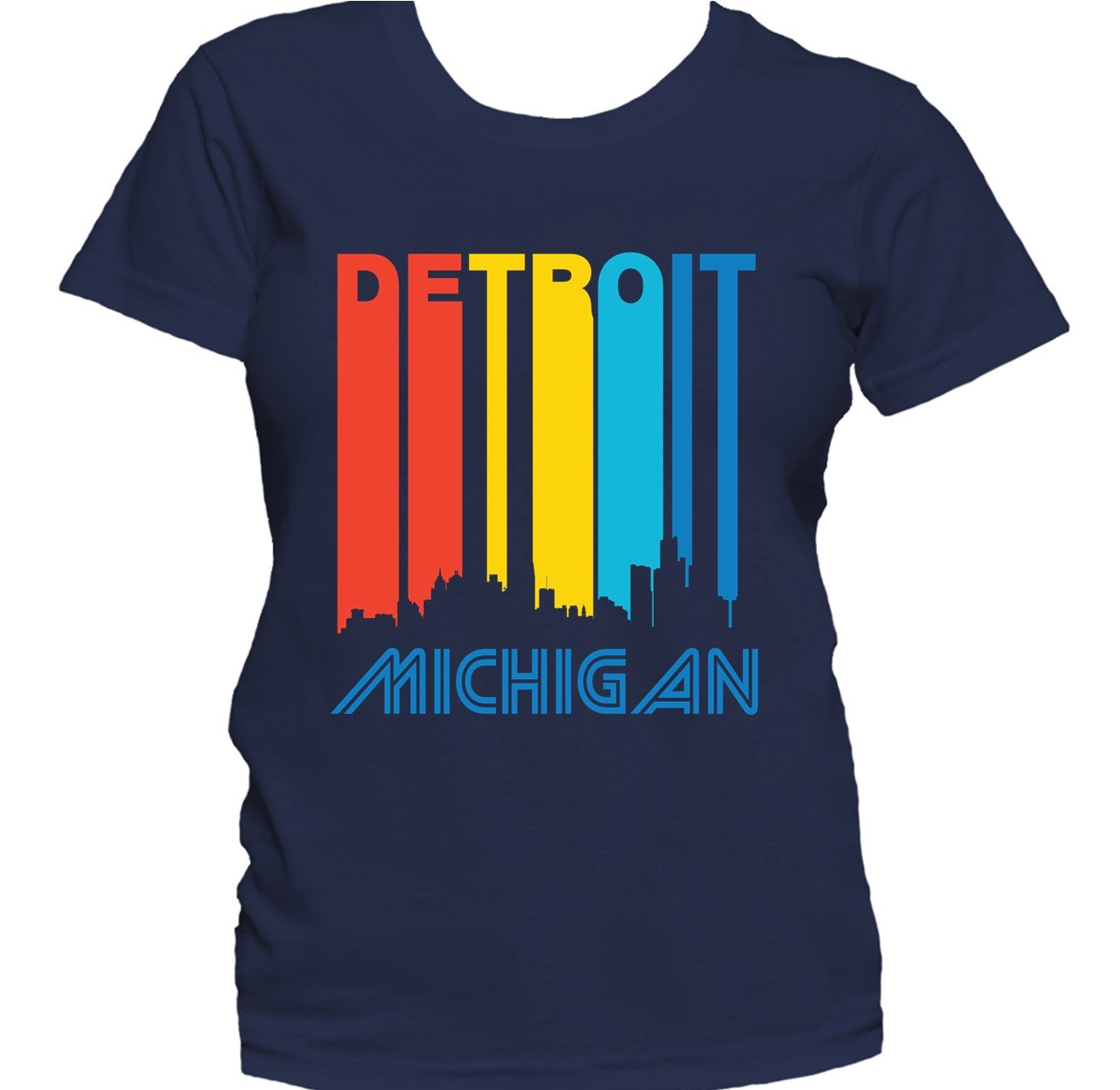 Retro 1970's Style Detroit Michigan Cityscape Downtown Skyline Women's T-Shirt