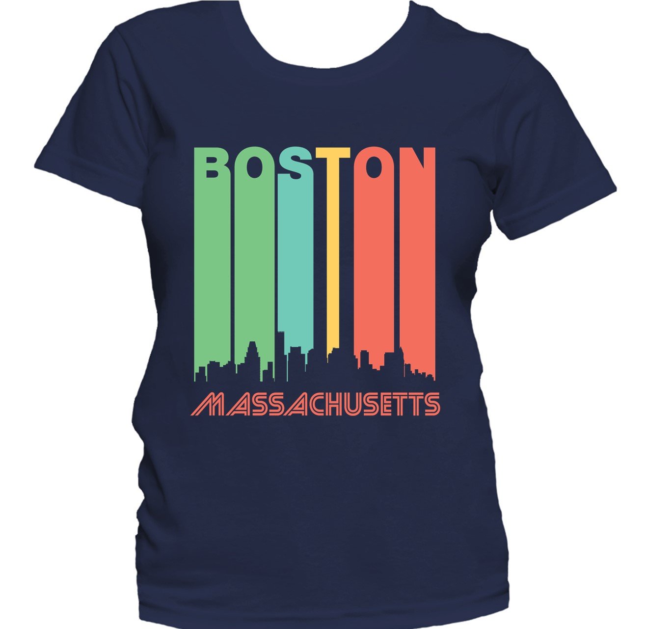 Retro 1970's Style Boston Massachusetts Cityscape Downtown Skyline Women's T-Shirt