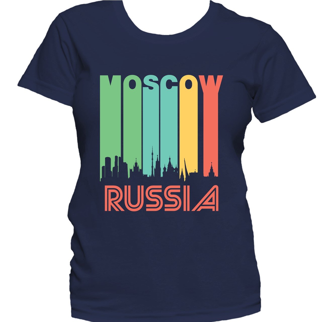 Retro 1970's Style Moscow Russia Cityscape Downtown Skyline Women's T-Shirt