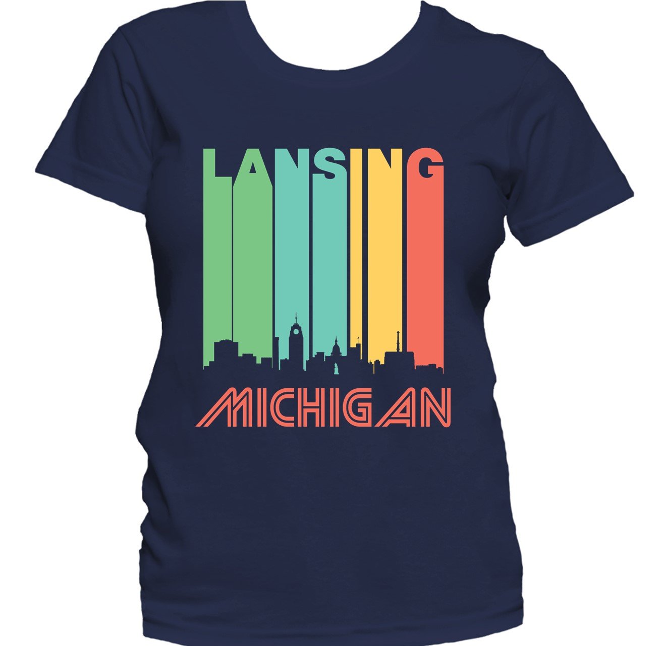 Retro 1970's Style Lansing Michigan Downtown Skyline Women's T-Shirt