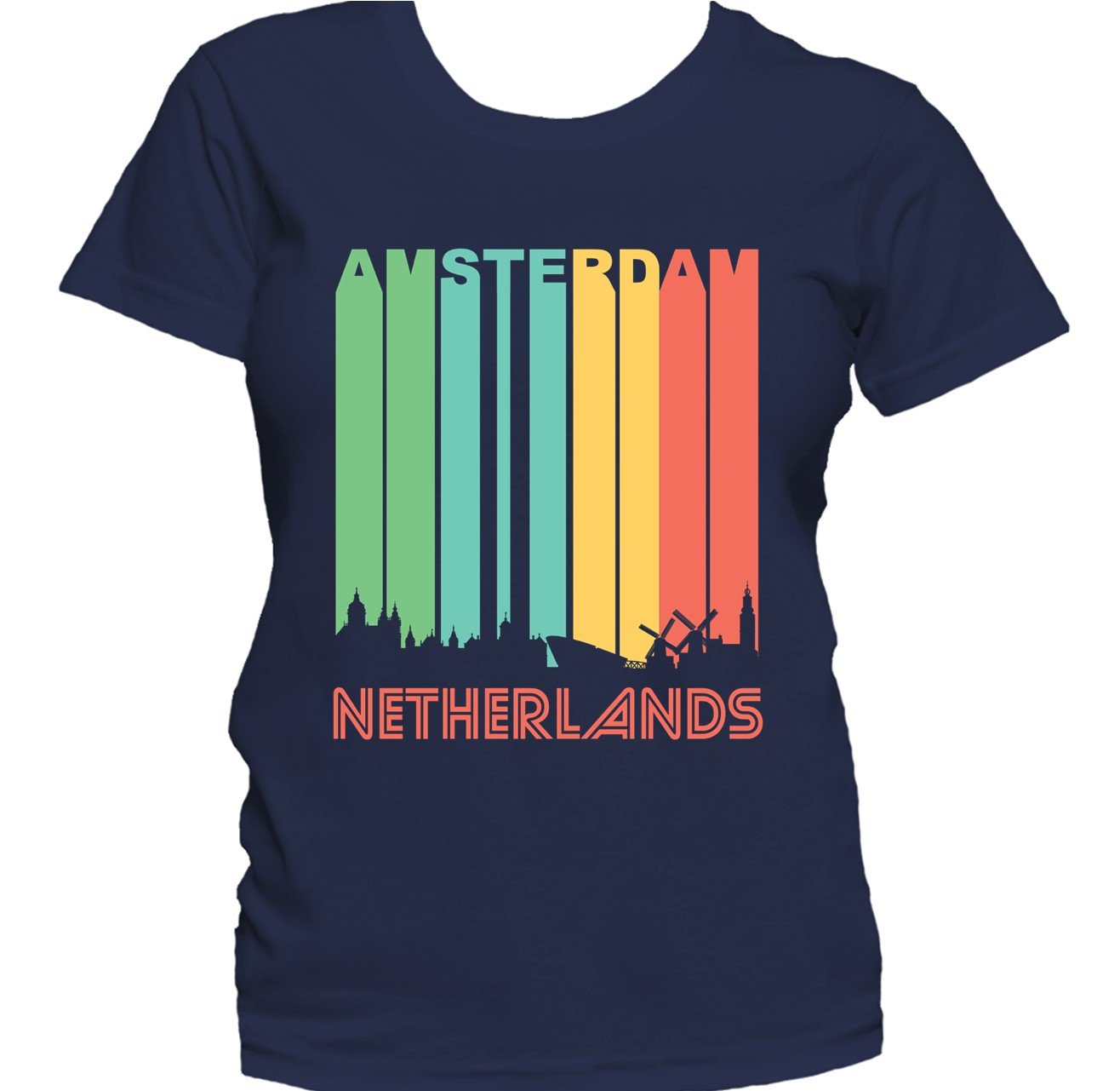 Retro 1970's Style Amsterdam Netherlands Cityscape Downtown Skyline Women's T-Shirt
