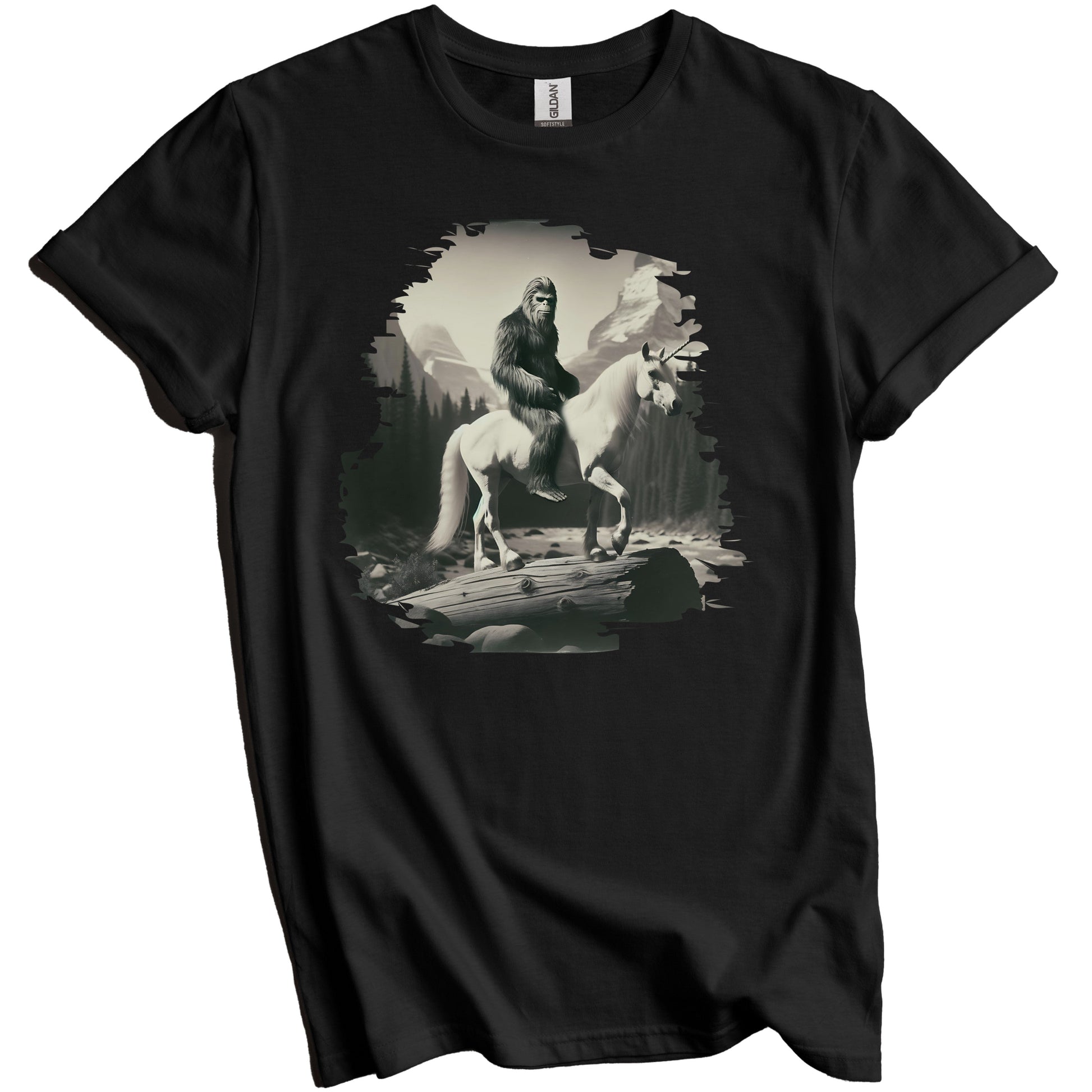 Sasquatch Riding Unicorn Black and White Photo Funny Bigfoot T-Shirt