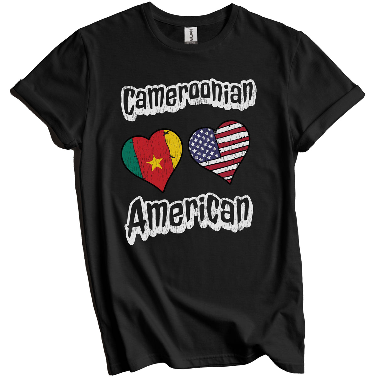 Cameroonian American Flag Hearts Combo Cameroon Distressed T-Shirt