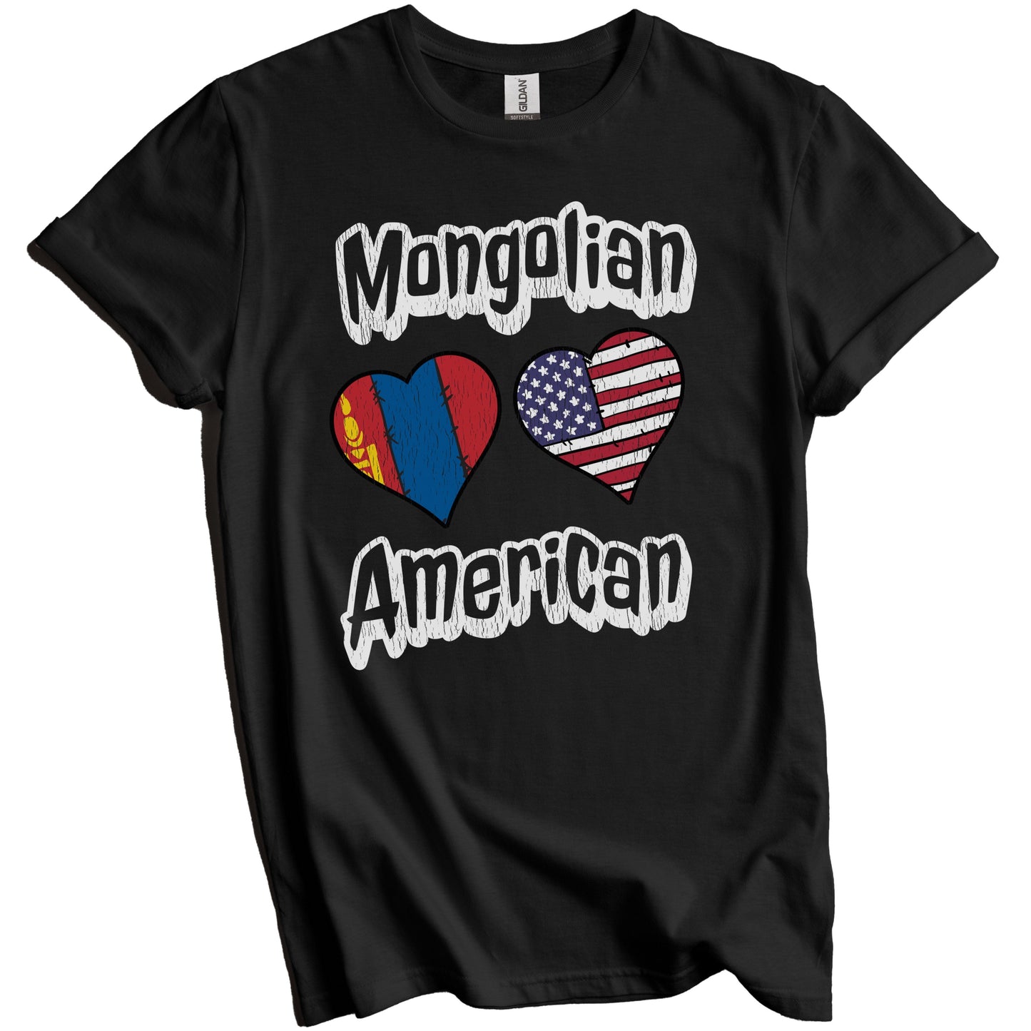 Mongolian American Flag Hearts Combo Mongolia Distressed T-Shirt