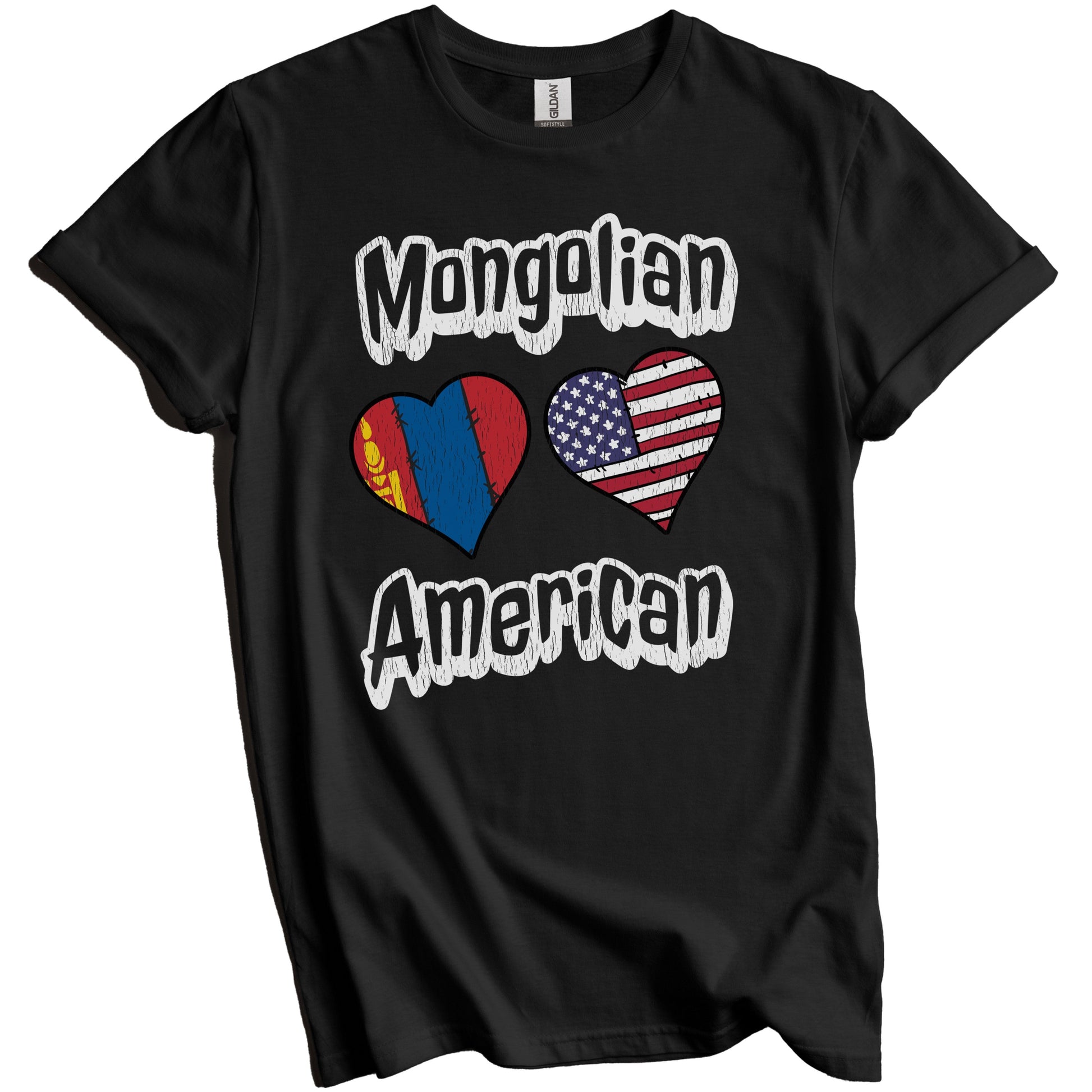 Mongolian American Flag Hearts Combo Mongolia Distressed T-Shirt