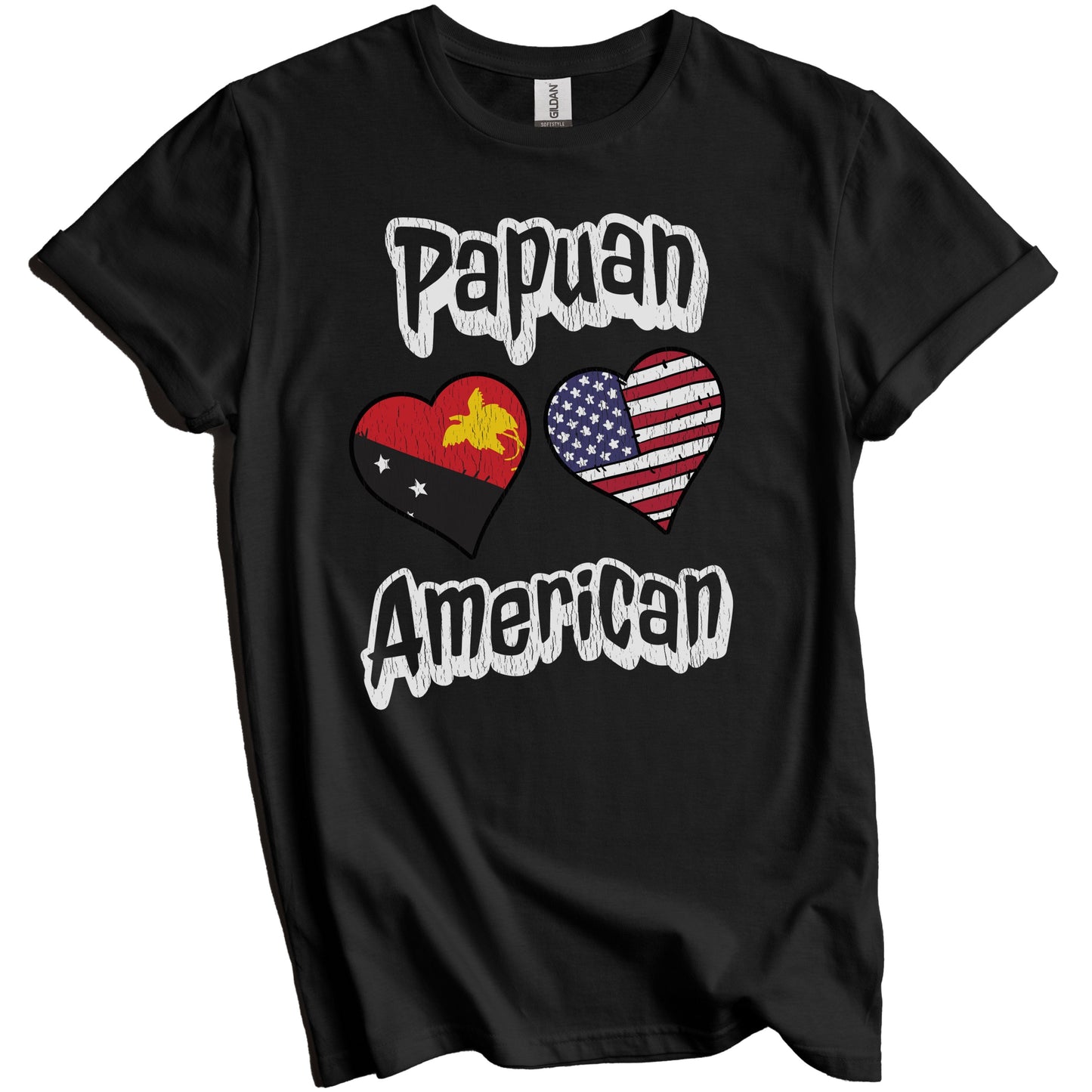 Papuan American Flag Hearts Combo Papua New Guinea Distressed T-Shirt