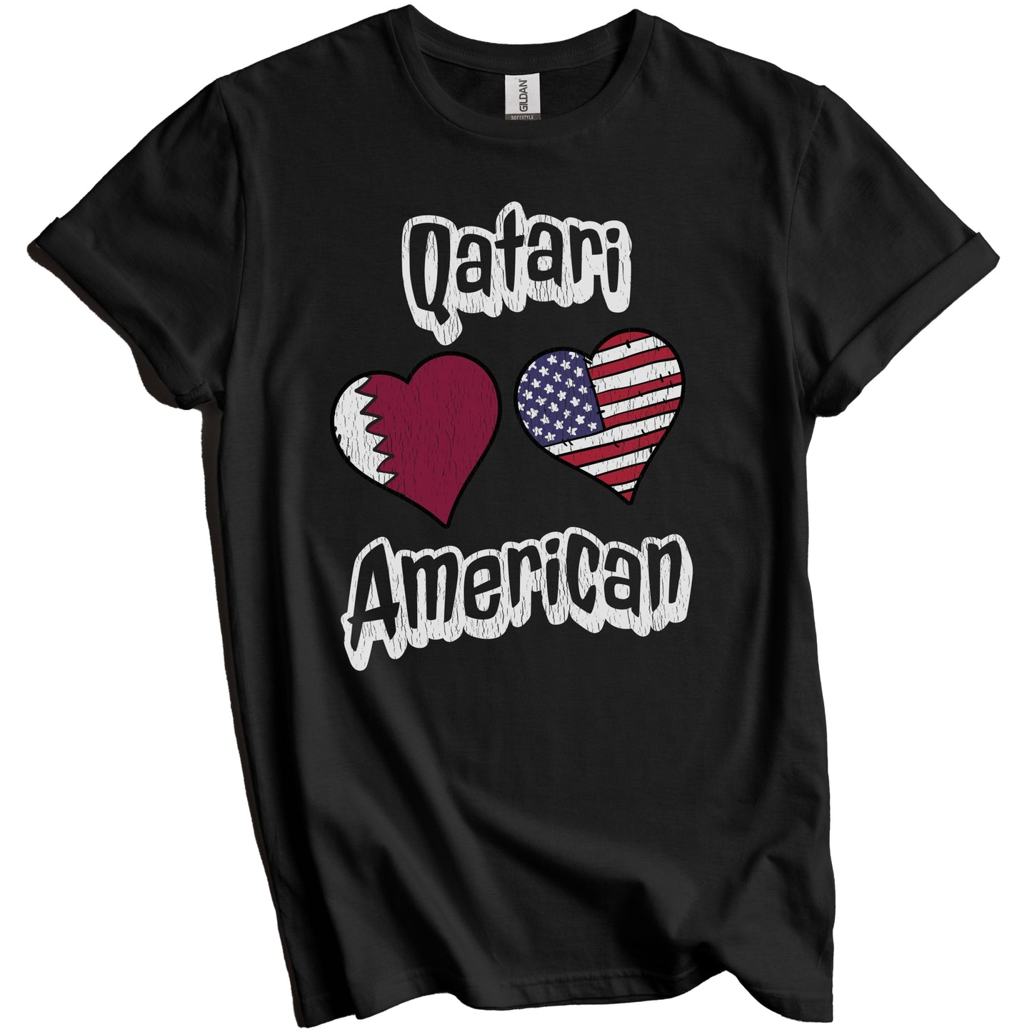 Qatari American Flag Hearts Combo Qatar Distressed T-Shirt