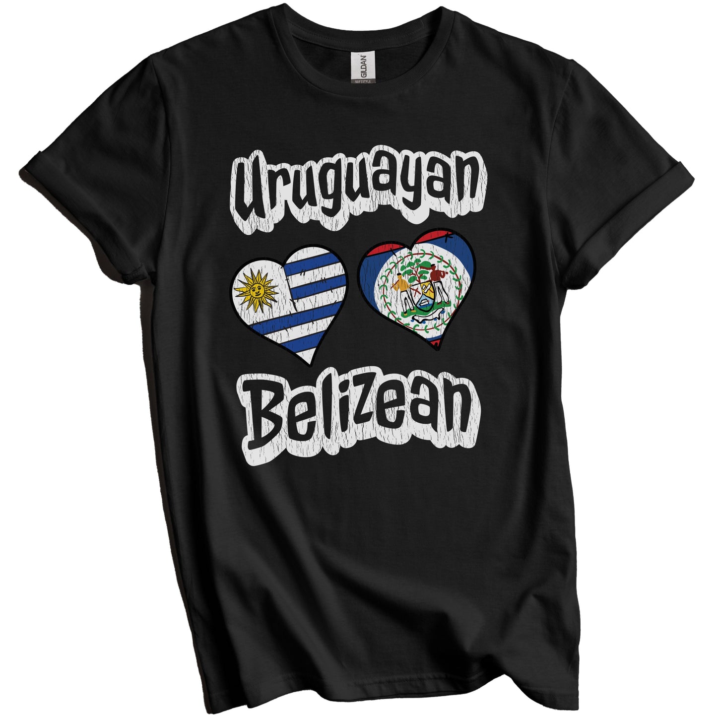 Uruguayan Belizean Flag Heart Combo Uruguay Belize Distressed T-Shirt