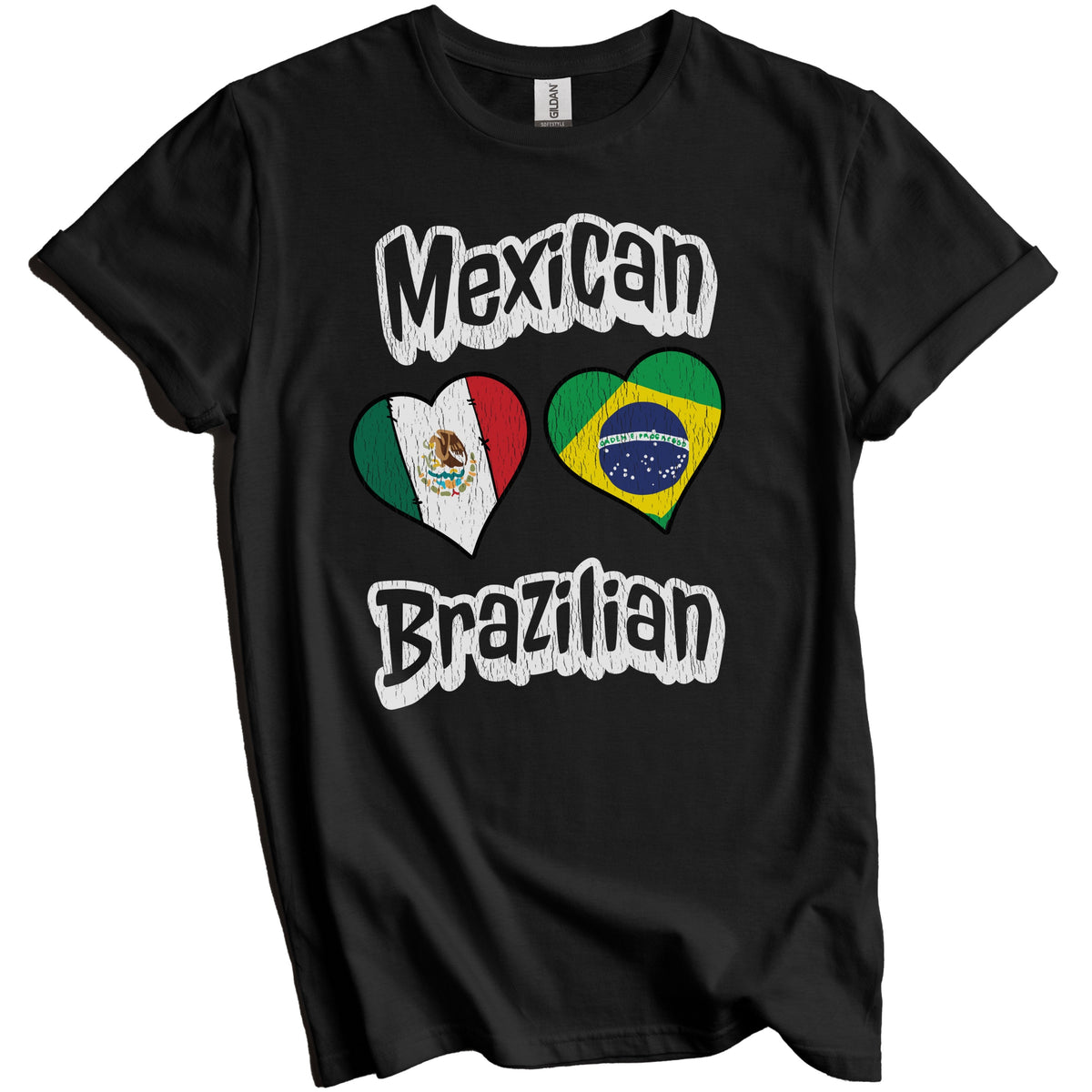 Mexican Brazilian Flag Heart Combo Mexico Brazil Distressed T-Shirt