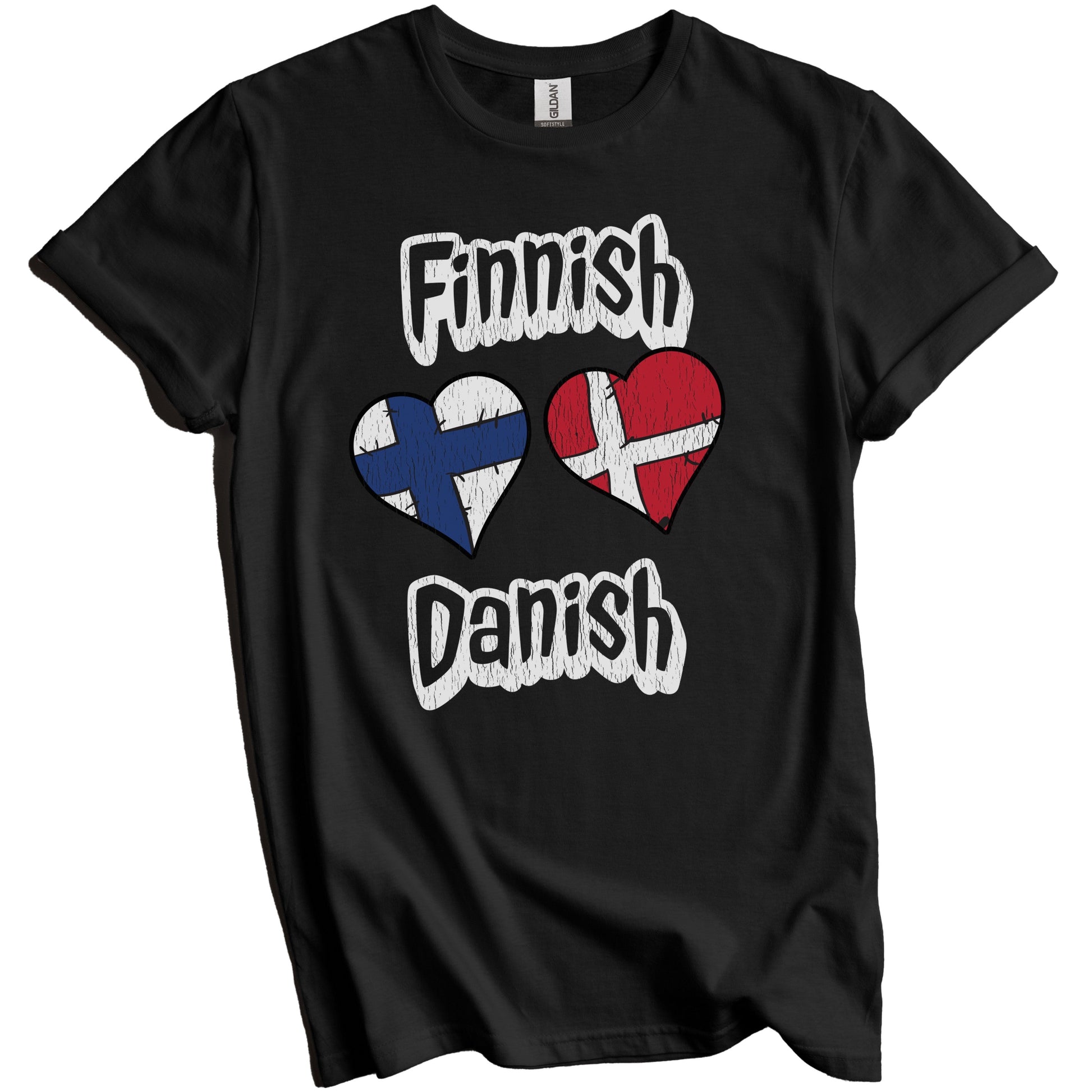 Finnish Danish Flag Heart Combo Finland Denmark Distressed T-Shirt