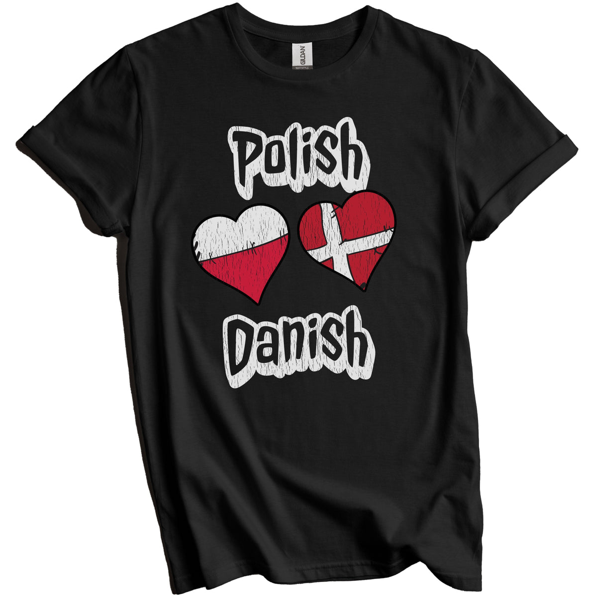 Polish Danish Flag Heart Combo Poland Denmark Distressed T-Shirt