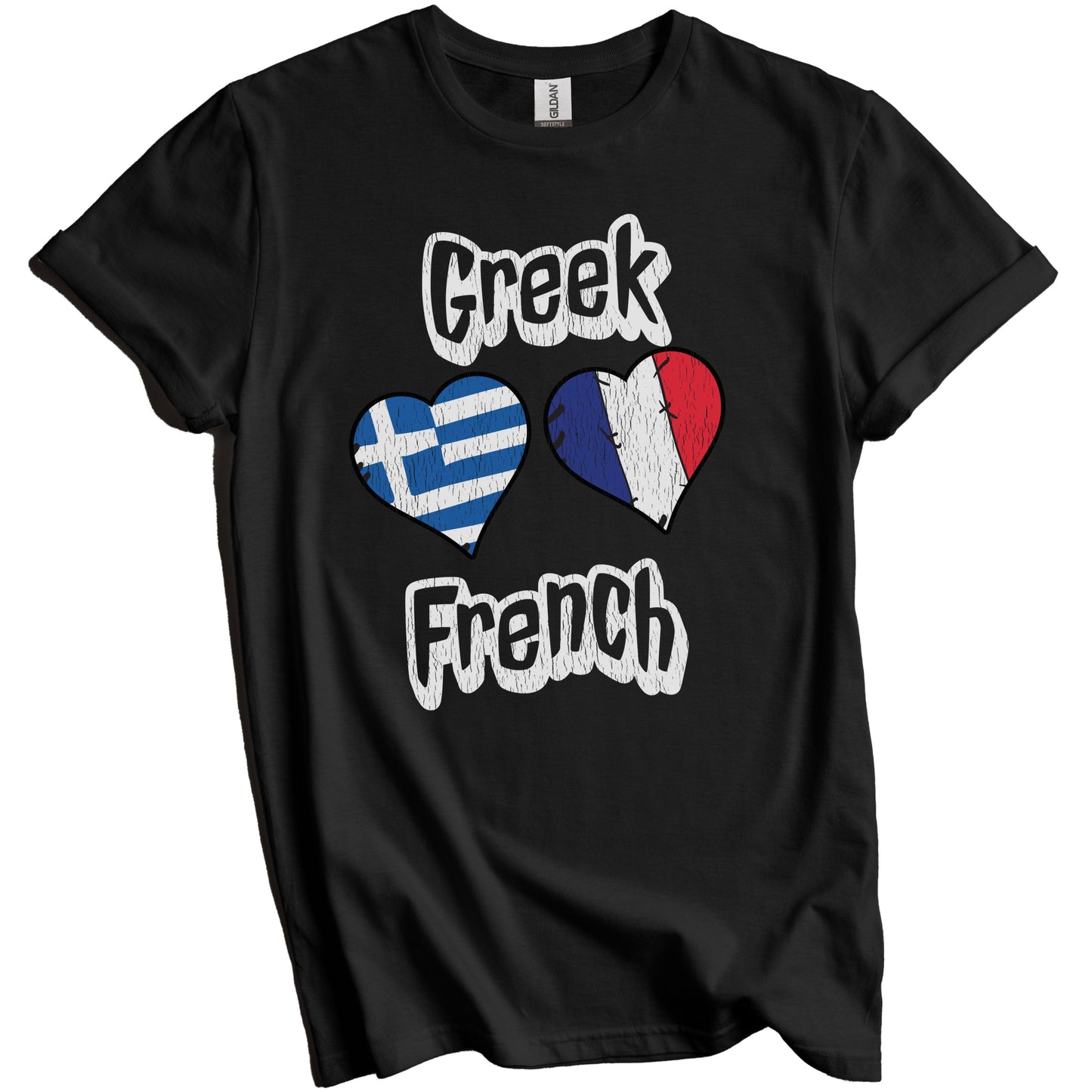 Greek French Flag Heart Combo Greece France Distressed T-Shirt