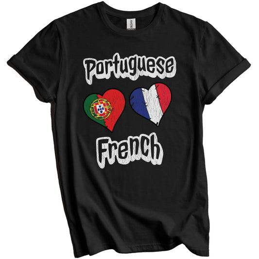 Portuguese French Flag Heart Combo Portugal France Distressed T-Shirt