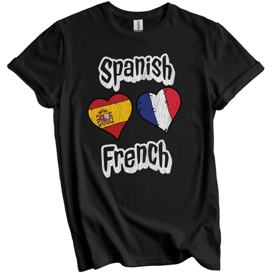 Spanish French Flag Heart Combo Spain France Distressed T-Shirt