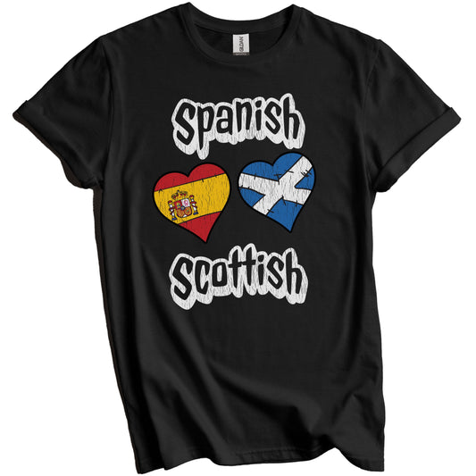 Spanish Scottish Flag Heart Combo Spain Scotland Distressed T-Shirt