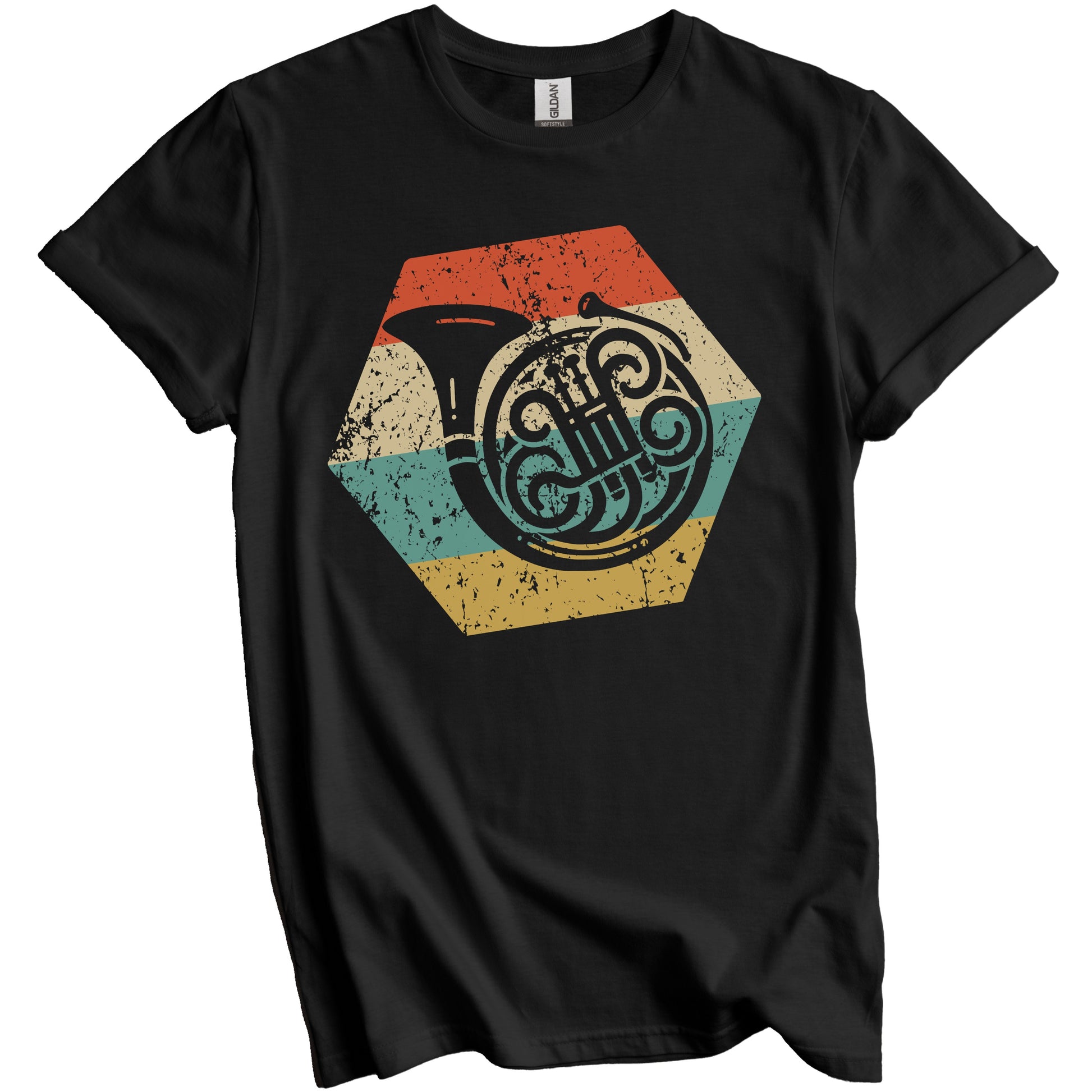 French Horn Retro Distressed Hexagon Musical Instrument T-Shirt