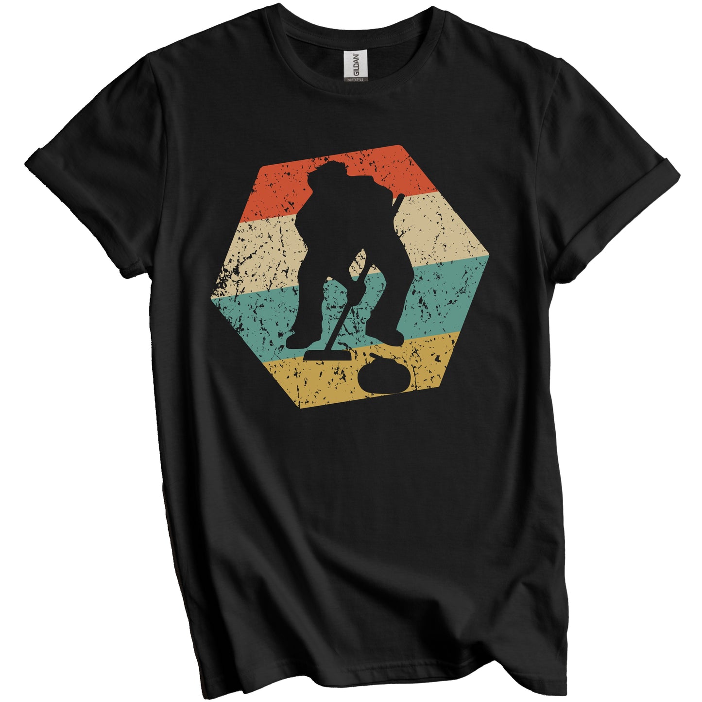 Curling Retro Distressed Hexagon Curler Sweeping T-Shirt
