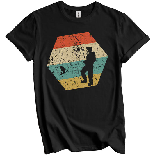 Fishing Retro Distressed Hexagon Fisherman Reeling in Fish T-Shirt
