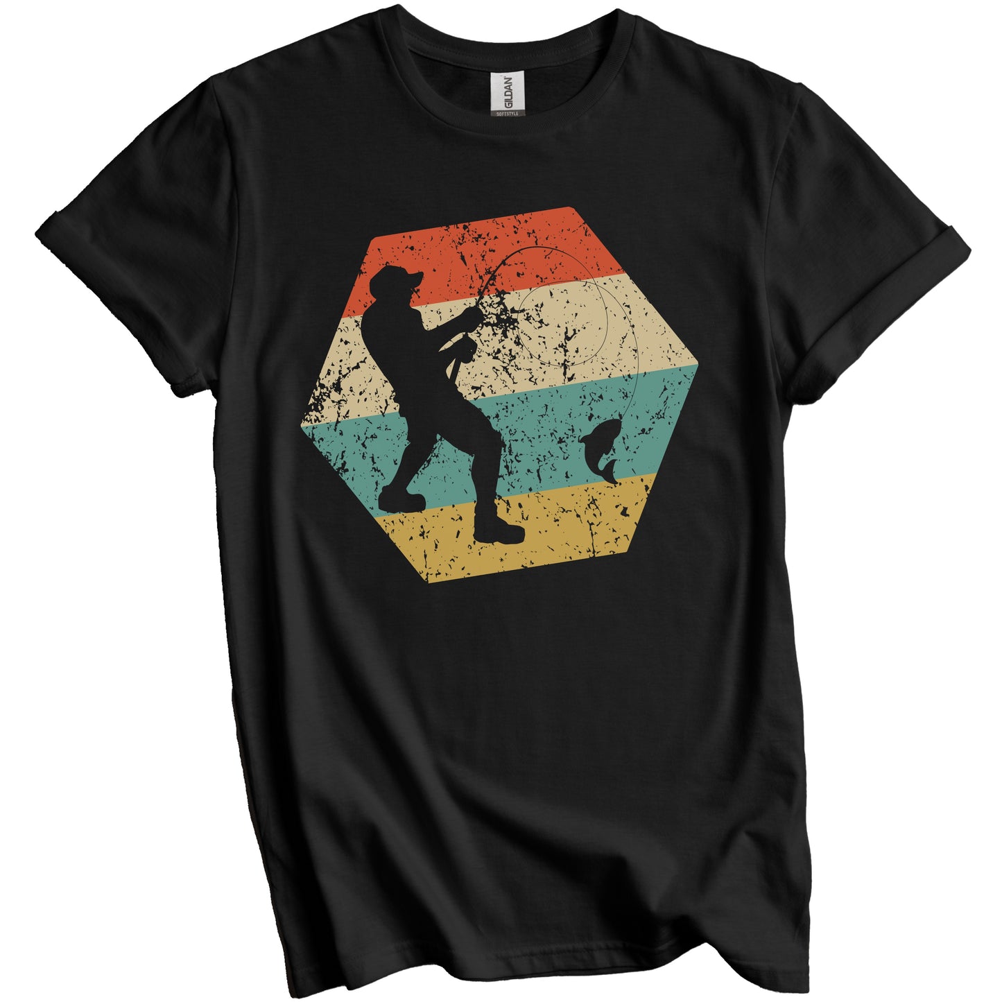 Fishing Retro Distressed Hexagon Fisherman Catching a Fish T-Shirt