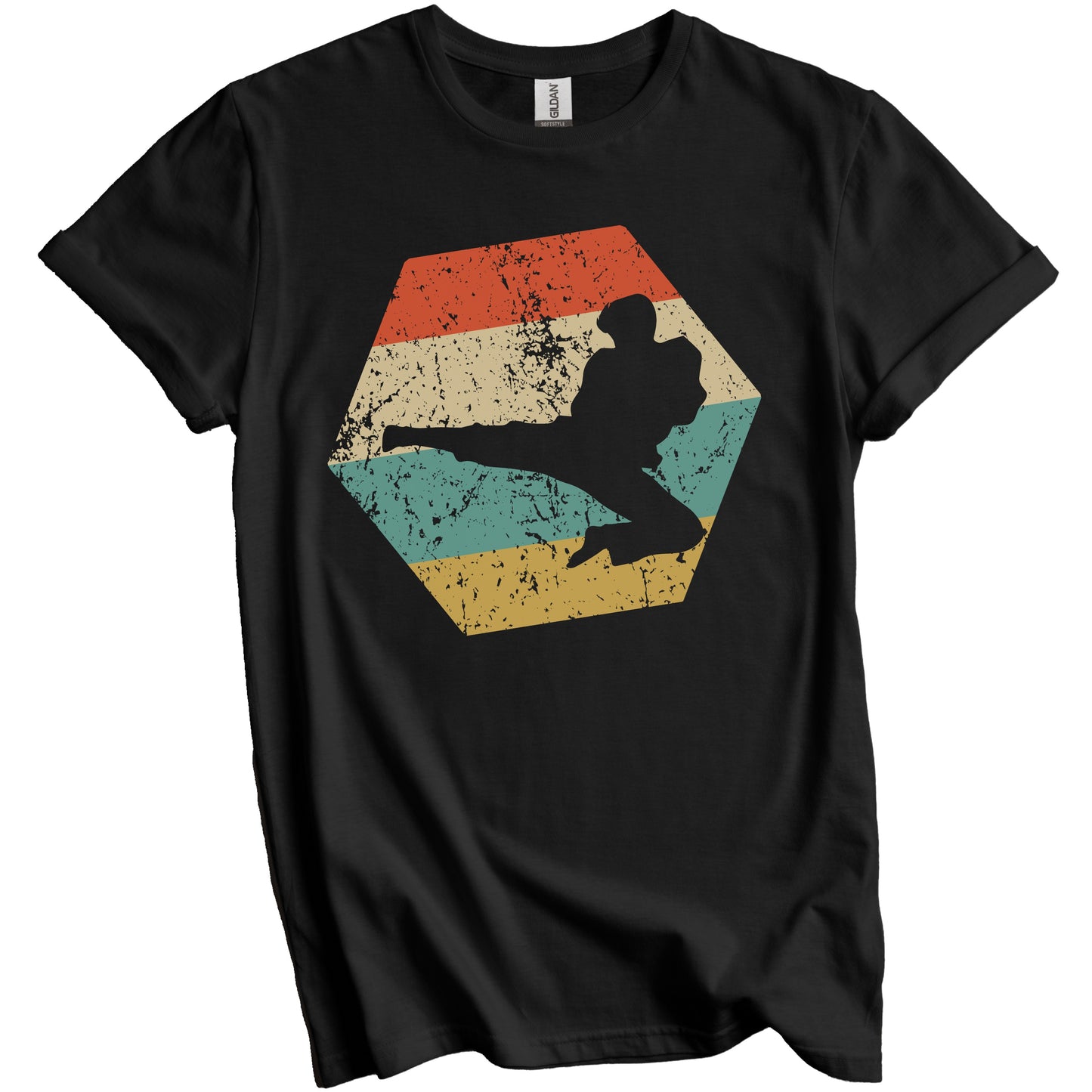 Martial Arts Retro Distressed Hexagon Karate Jump Kick T-Shirt