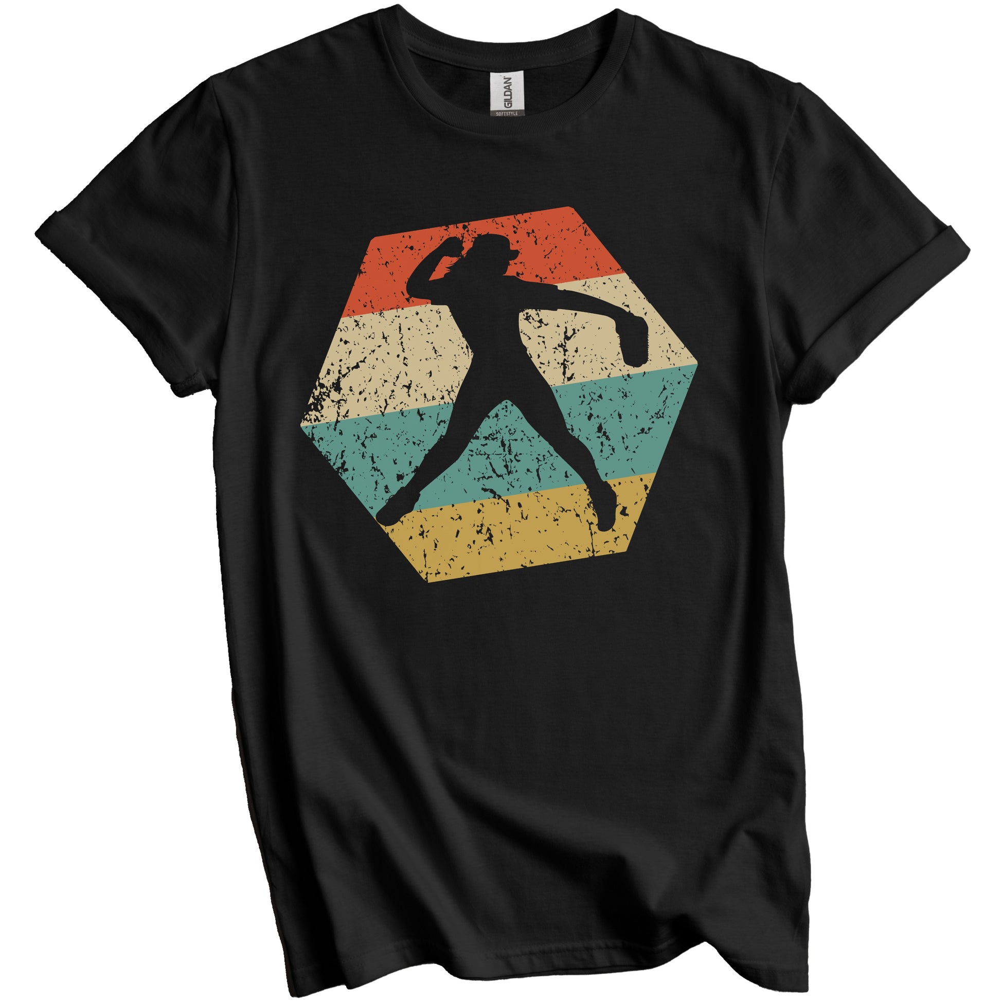 Softball Retro Distressed Hexagon Softball Player T-Shirt