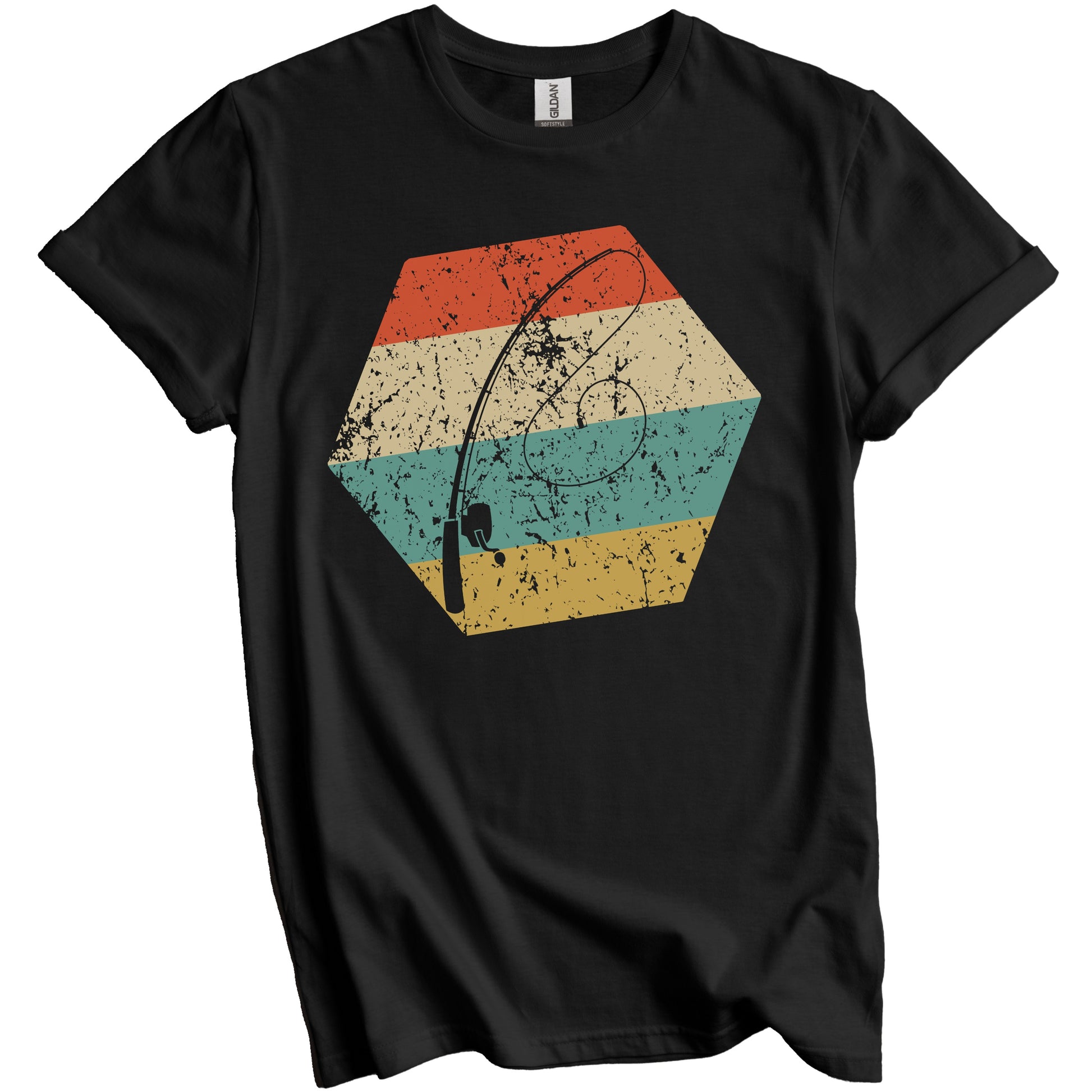 Fishing Pole Retro Distressed Hexagon Fisherman T-Shirt