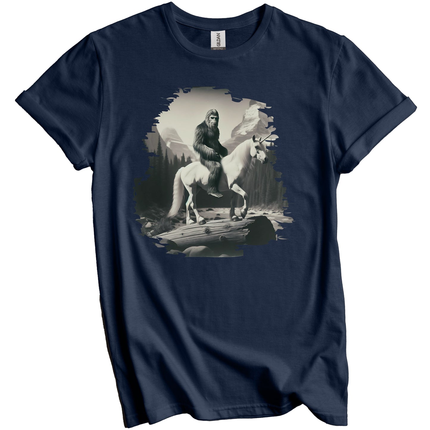 Sasquatch Riding Unicorn Black and White Photo Funny Bigfoot T-Shirt