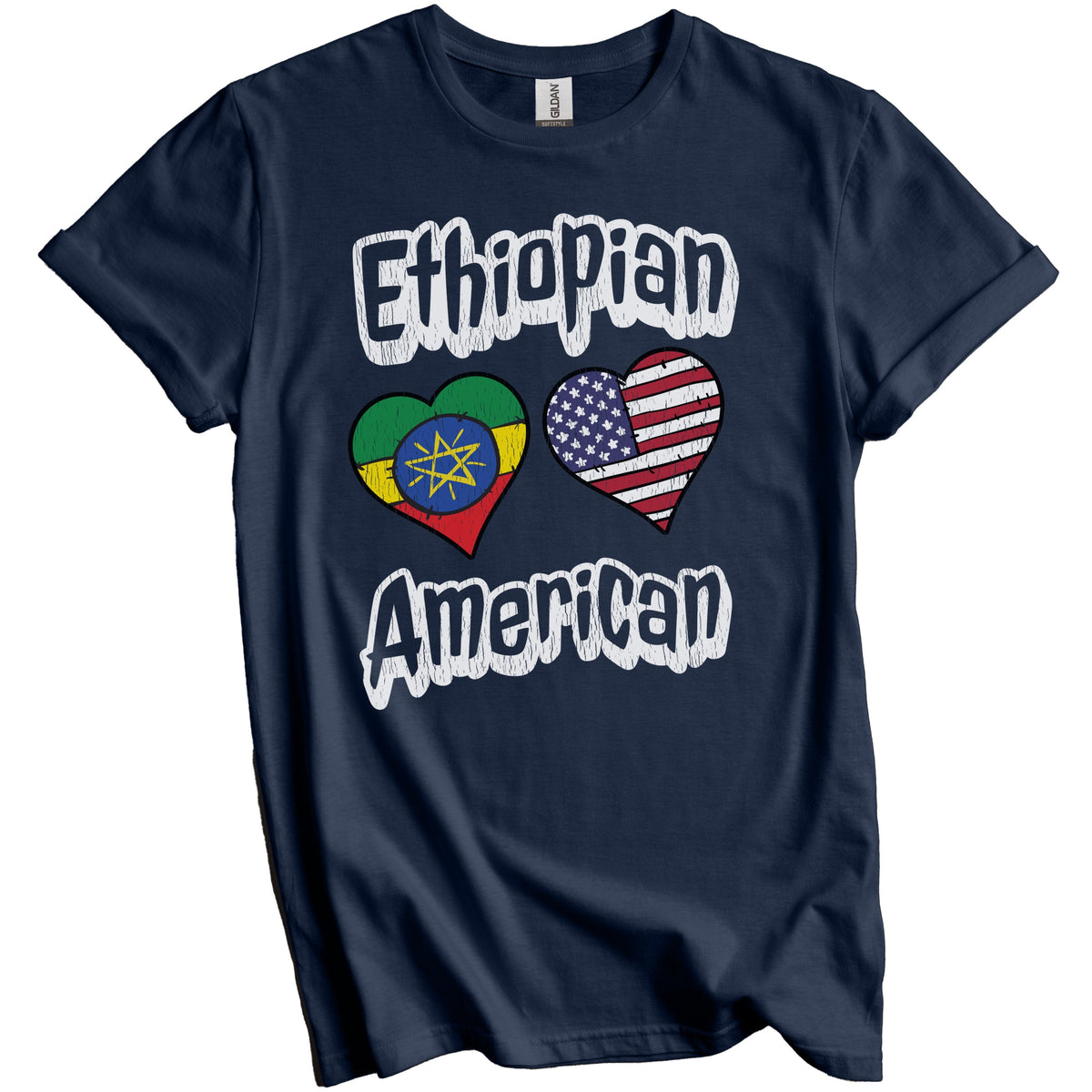 Ethiopian American Flag Hearts Combo Ethiopia Distressed T-Shirt