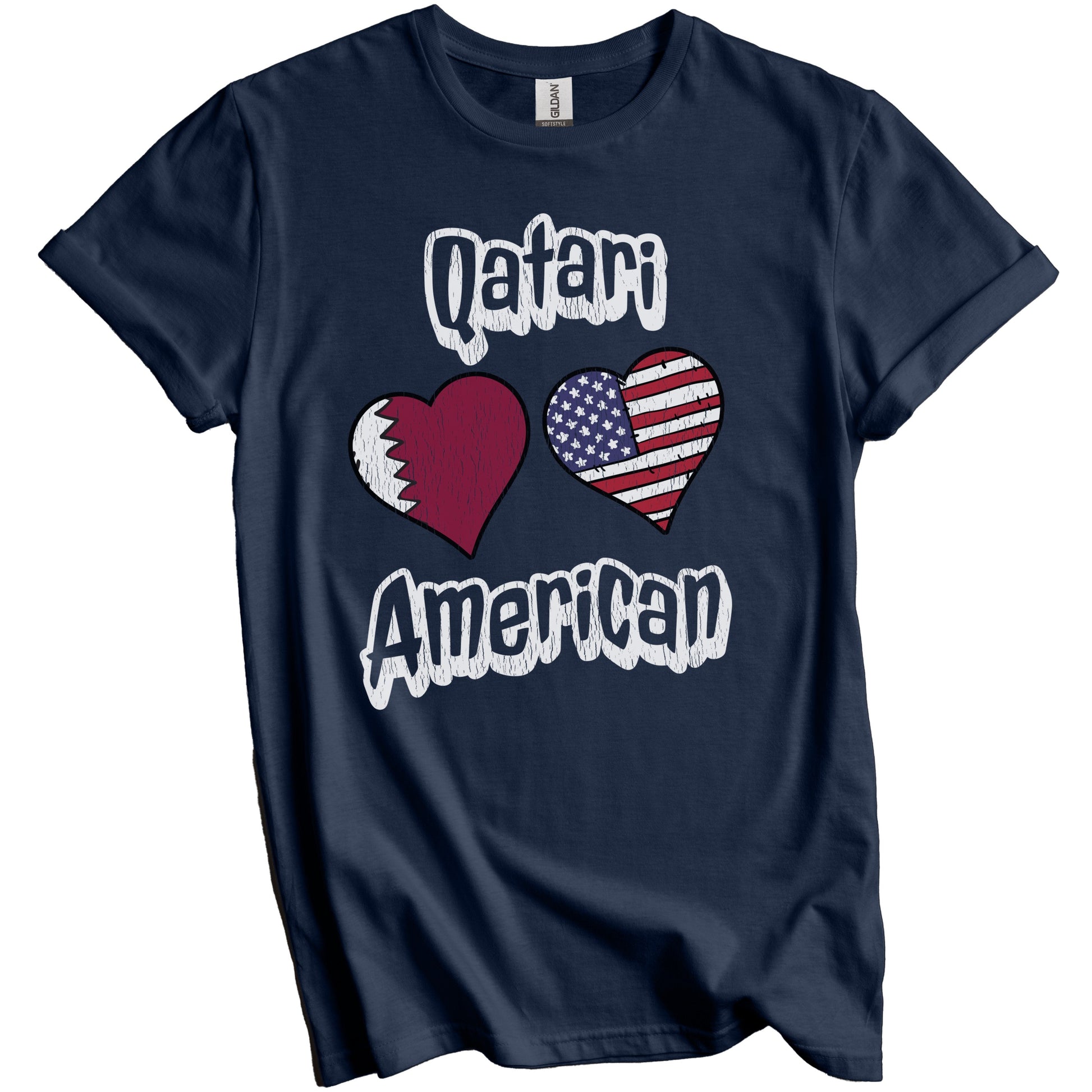 Qatari American Flag Hearts Combo Qatar Distressed T-Shirt
