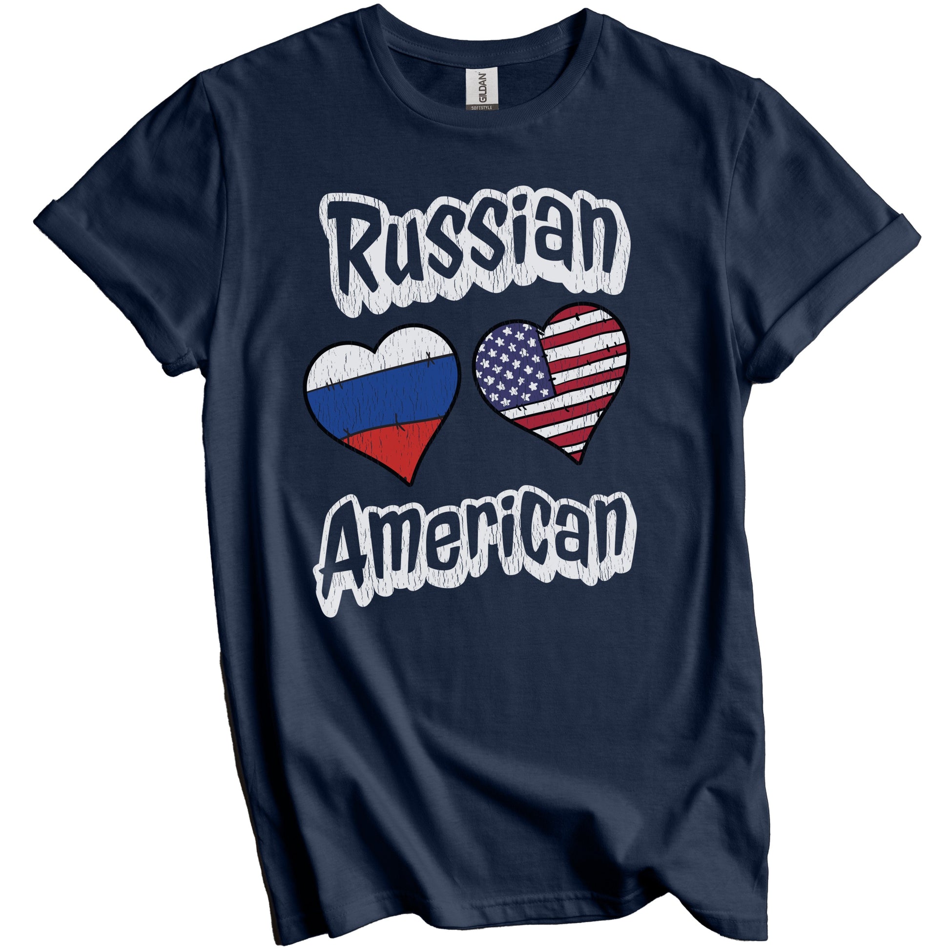Russian American Flag Hearts Combo Russia Distressed T-Shirt