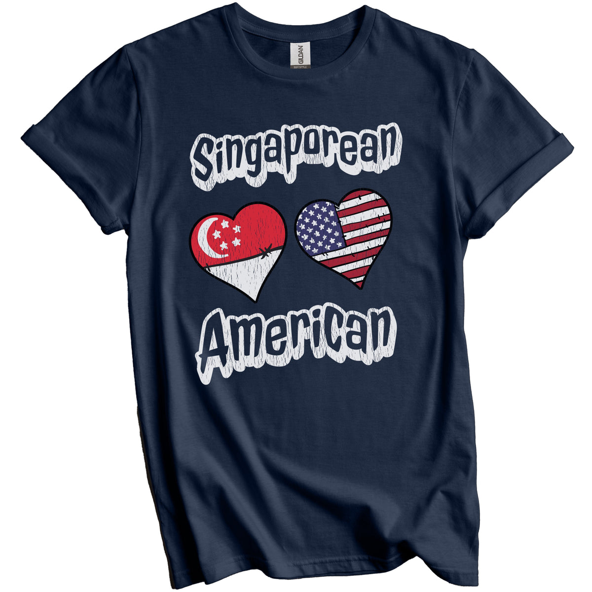 Singaporean American Flag Hearts Combo Singapore Distressed T-Shirt